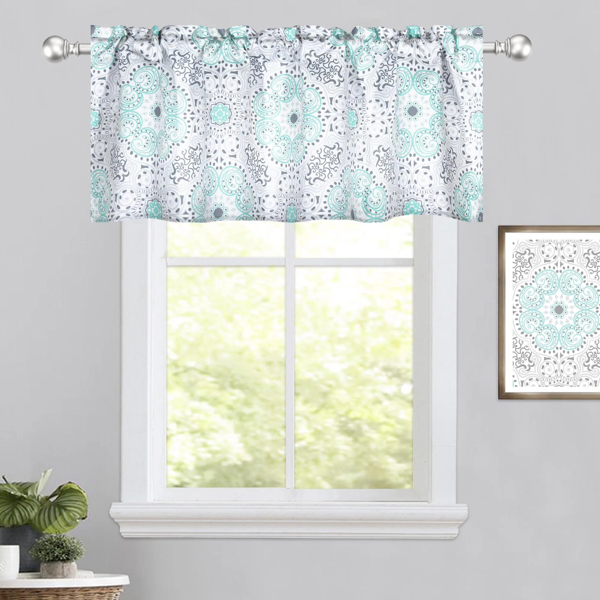Damask Medallion Printed Valance 52x18 Inch 100% Polyester Turquoise 1 Piece/Pack