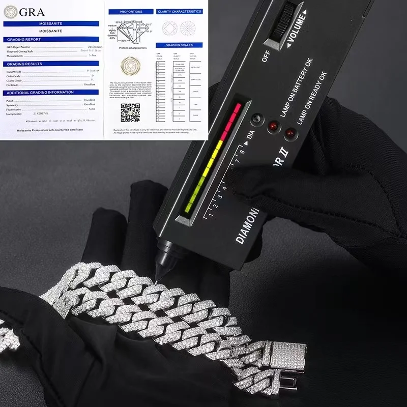 Personalized Moissanite Jewelry Hiphop 18K White Gold 925 Sterling Silver Cuban Chain Bracelet Custom 12mm Cuban Link Bracelet