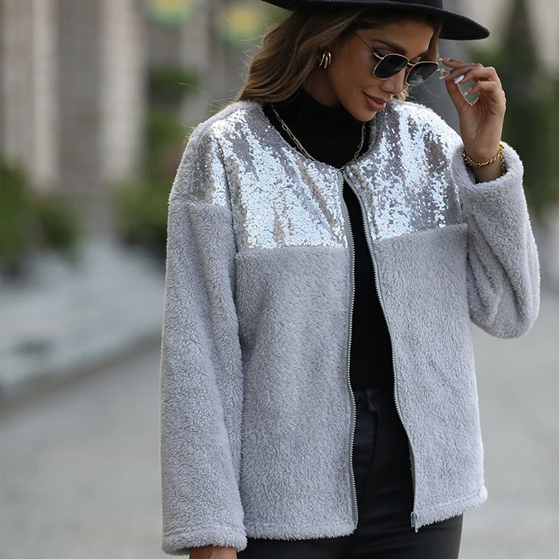 Women Chic Peter Pan Collar Sequin Patchwork Plush Parka Jackets Ladies Warm Zip Up Sweatshirts Outerwear Faux Fur Coats