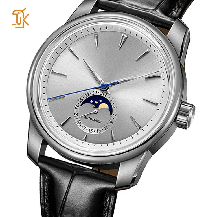 Custom Stainless Steel Moon Phase Watch Leather Dress Calender Automatic Mechanical WristWatch For Men Manufacturers