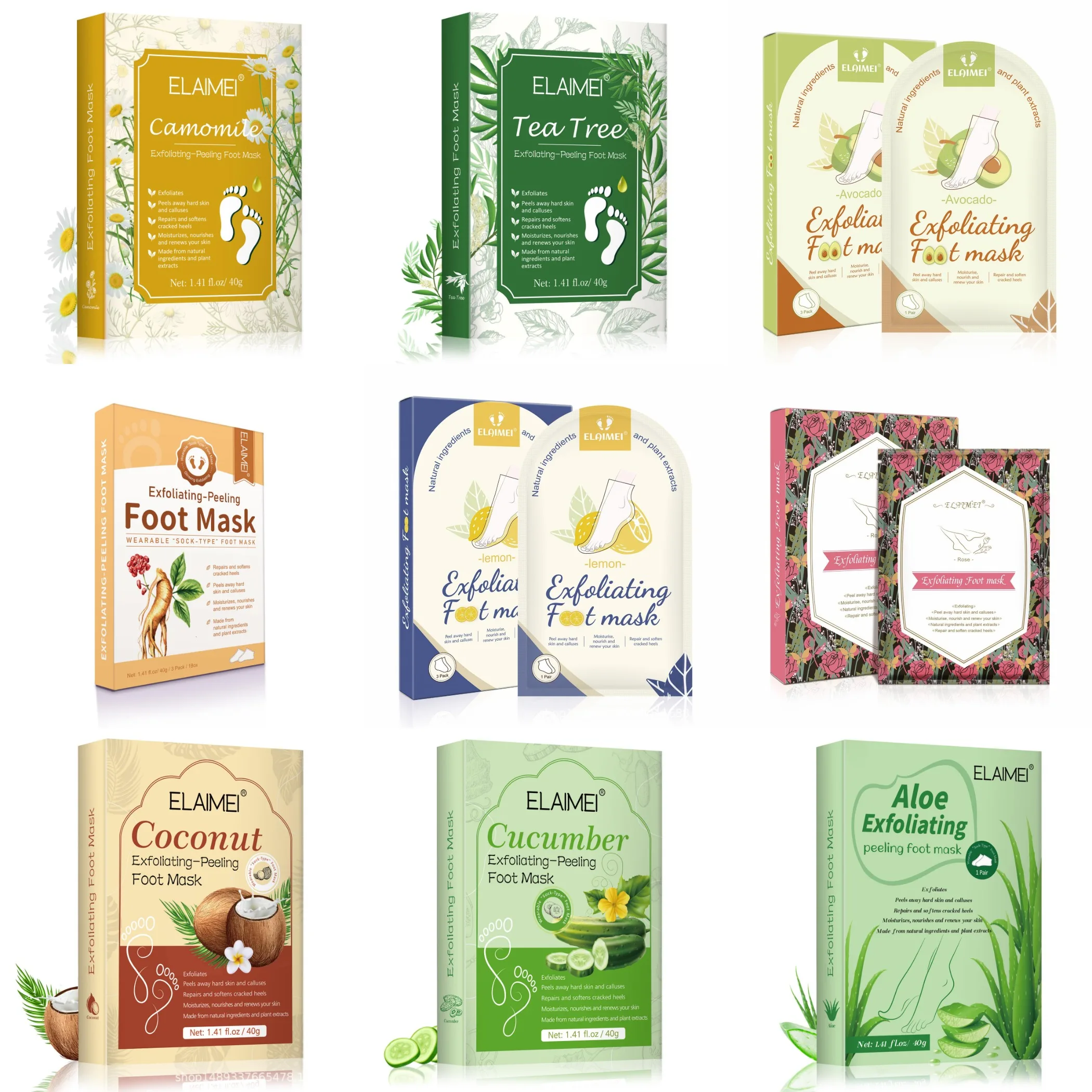 Amazon hot 13 styles 3pair/box Peeling Exfoliating Foot Mask Feet Mask Remove Dead Skin Cuticles Heel Foot Care Pedicure Socks