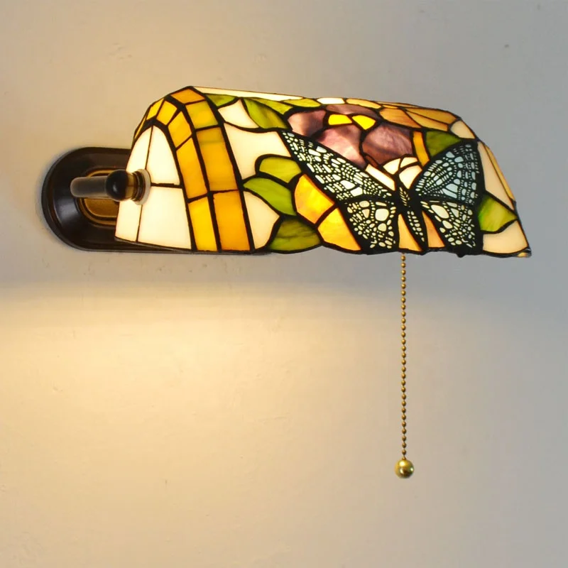 Hot sale for stained glass of Tiffany bank wall lamp with pull switch in home living room bed besides light pull switch
