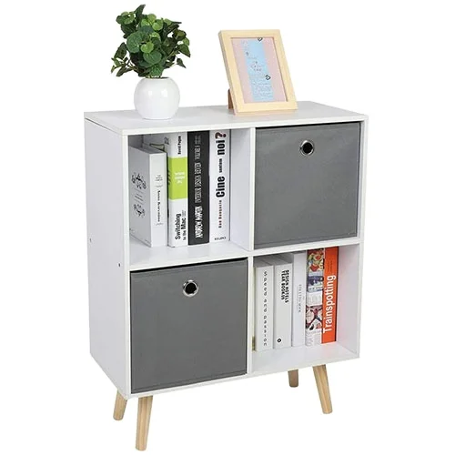 
2-Tier Bookcase, Free Standing Display Bookcase, 4 Cubes Bookcase Bookshelf with 2 Non-Woven Bin and 4 Legs 