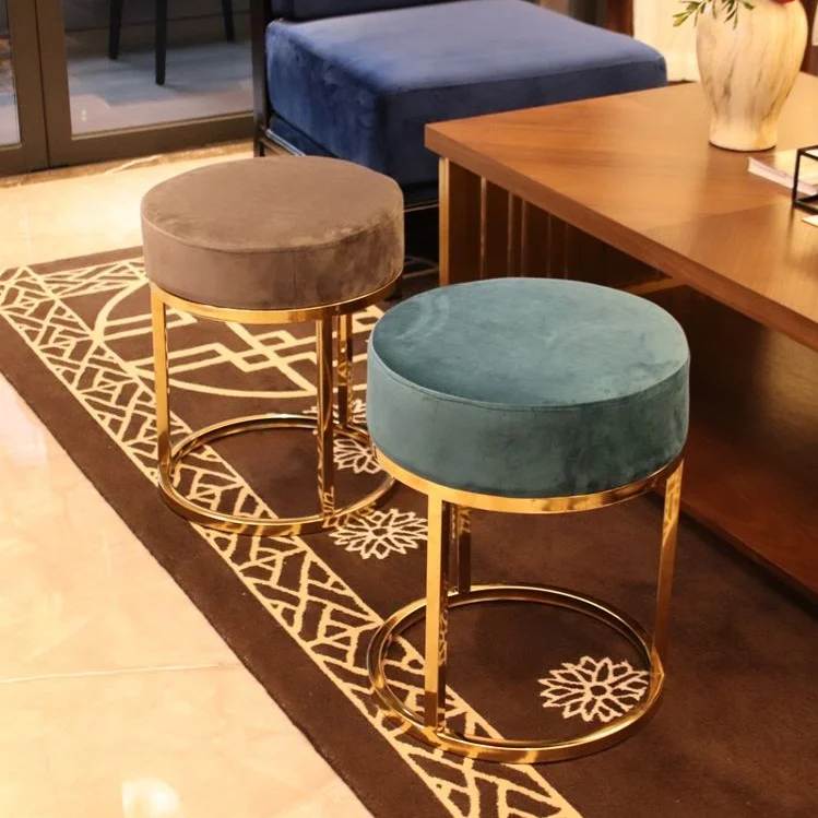 Wholesale Ottoman Fashion Light Luxury Iron Footstool Bedroom Salon Hotel Furniture Fabric Velvet Round Dressing Stool