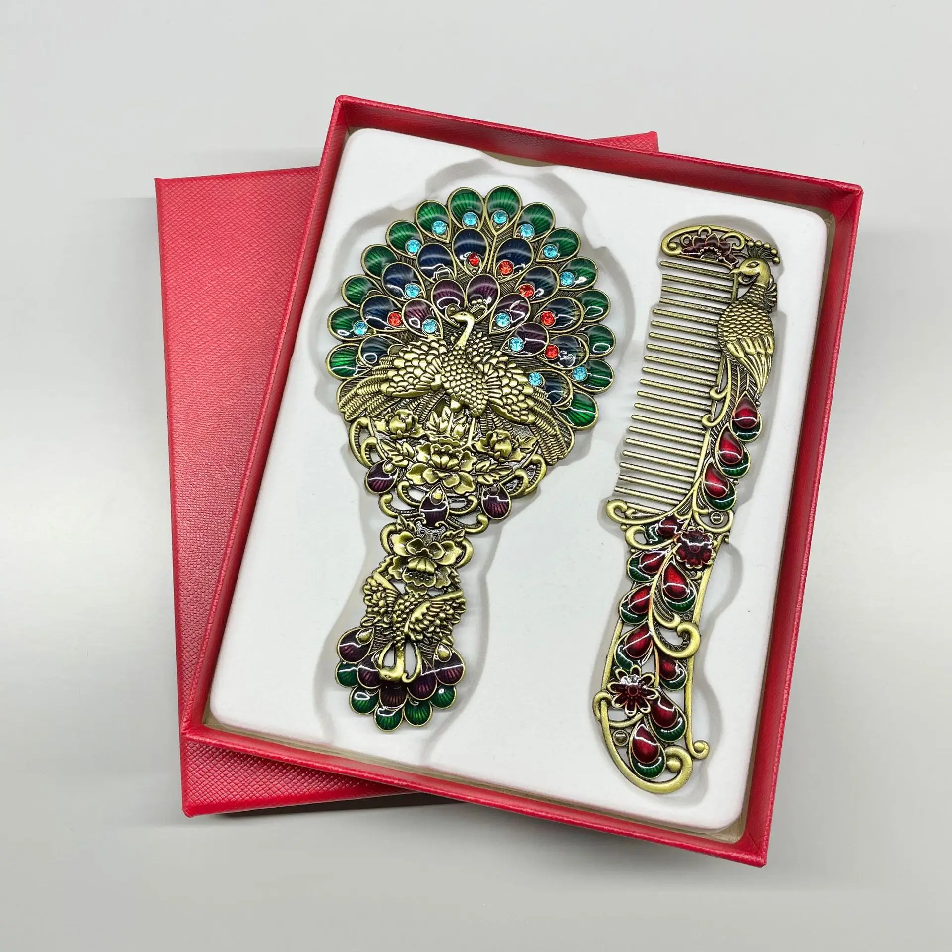 Creative Vintage Peacock Metal  Mirror Zinc Alloy Rhinestone Decoration Mirror Comb Set