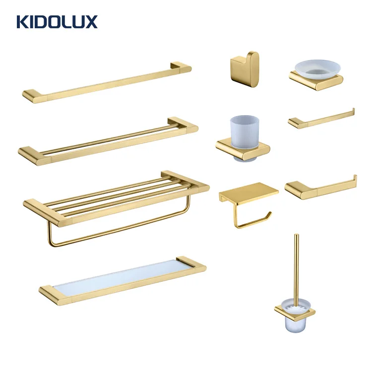 Kidolux 11 PCS Bath Hardware Set Modern Luxury Brushed Gold Hand Towel Bar Rack Toilet Roll Hotel Bathroom Accessories Set