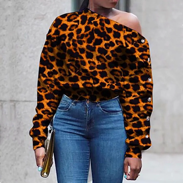 Женская Асимметричная рубашка, леопардовая блузка с длинным рукавом и открытым плечом, осень 2021