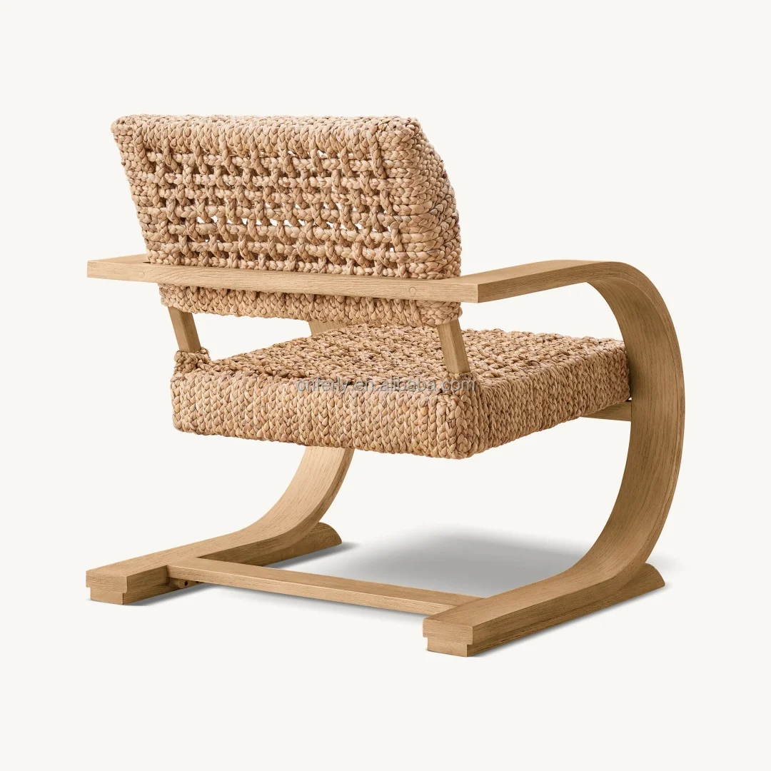 Ferly 2024 New Modern Living Room Chair Handwoven Rattan Hyacinth Back Solid Oak Wood Side chair Accent Armchair