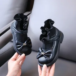 Girls Bow-Knot Touch Strap Leather Textile Boots Children Bootie with Ribbed Knit Stretch Inserts Toddler Little Kids Warm Shoes