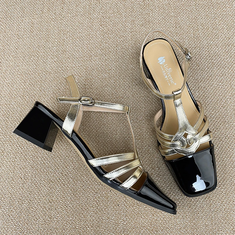 Universe P121 Patent Sheepskin SquareToe New Arrivals Ladies Sandals Factory Handmade Genuine Leather Sandals Women