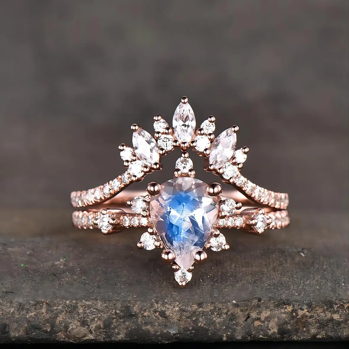 Pear Cut Moss Agate Vintage Engagement Ring Set Sterling Silver Ring With Band