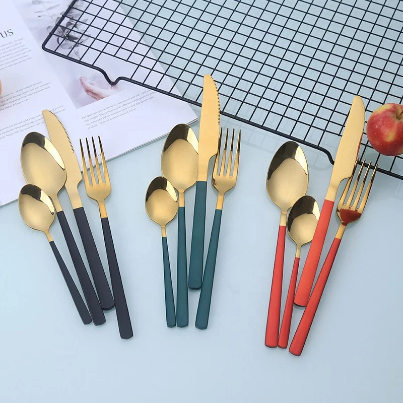 Hot sell style black gold color handle flatware set high quality children cutlery stainless steel cutlery set