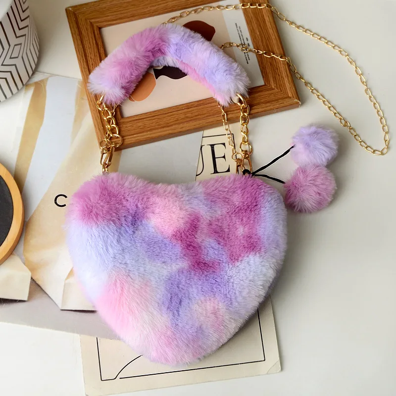 Luxury Faux Fur Heart-shaped Women Small Handbags Fluffy Plush Ladies Chain Shoulder Bag Fashion Female Furry Daily Clutch Purse
