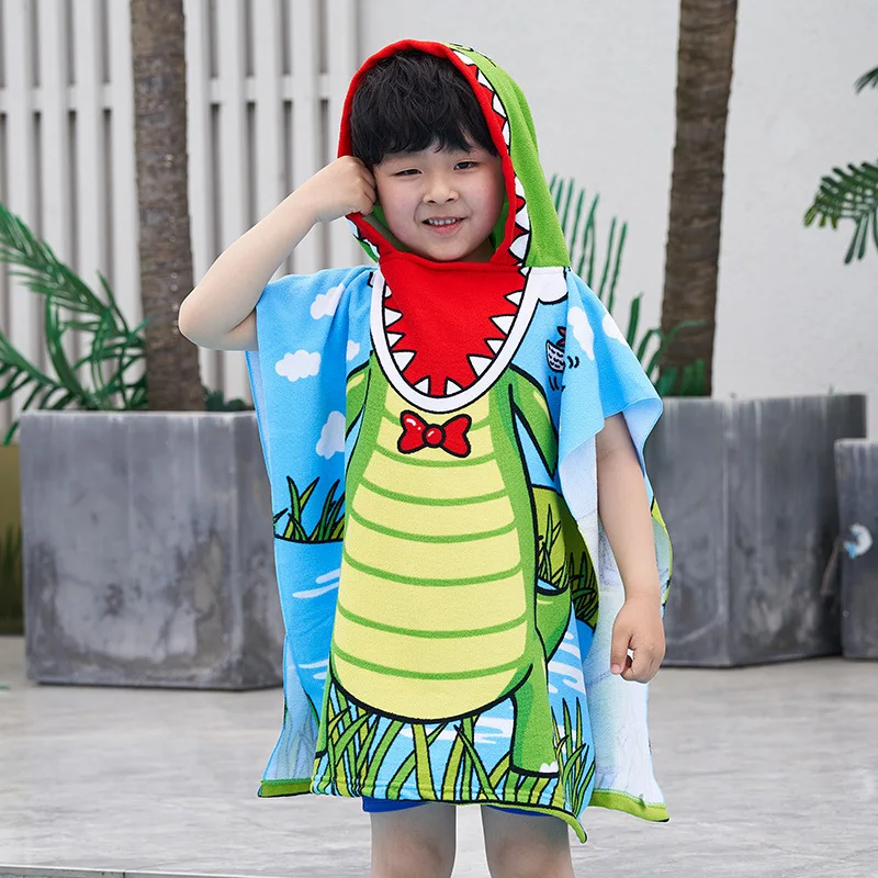 Wholesale High Quality Quick Dry Sand Free Surf Swim Custom Cartoon Print Kids Beach Hooded Poncho Towels