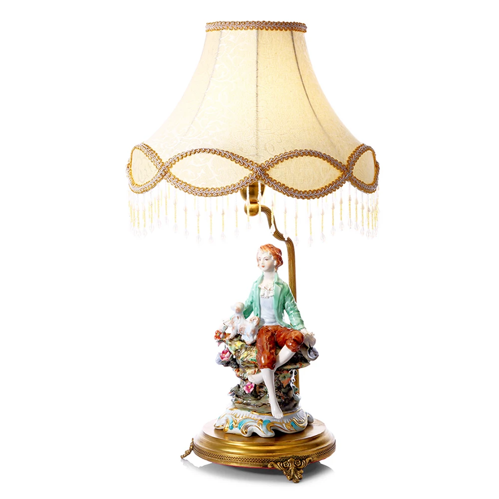 Classic Baroque Style Gilt Bronze Pedestal Feather Ornate Table Lamp with Beautiful Drum Lampshade