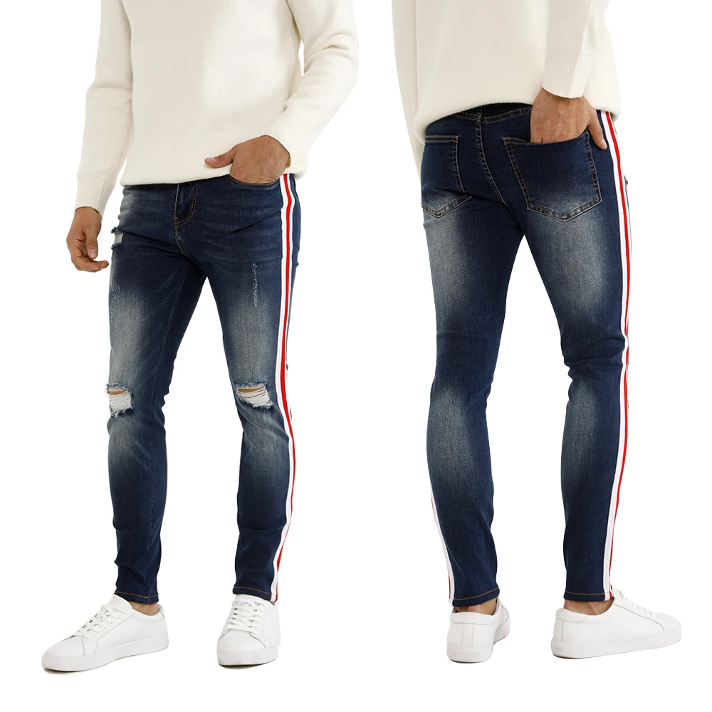 High Quality Stretchy Waistband Destroy Wash Blue Jeans Ripped Skinny Jeans Men
