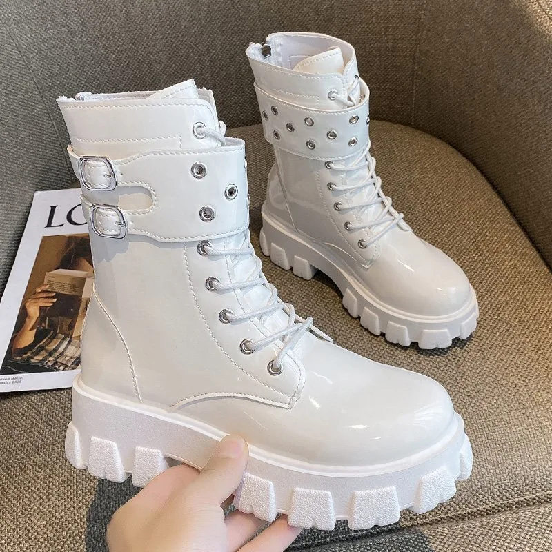 Martin Boots Alone Handsome Knight Boots 2022 Autumn European and American New Style Thick-soled Buckle Patent Leather Women PU