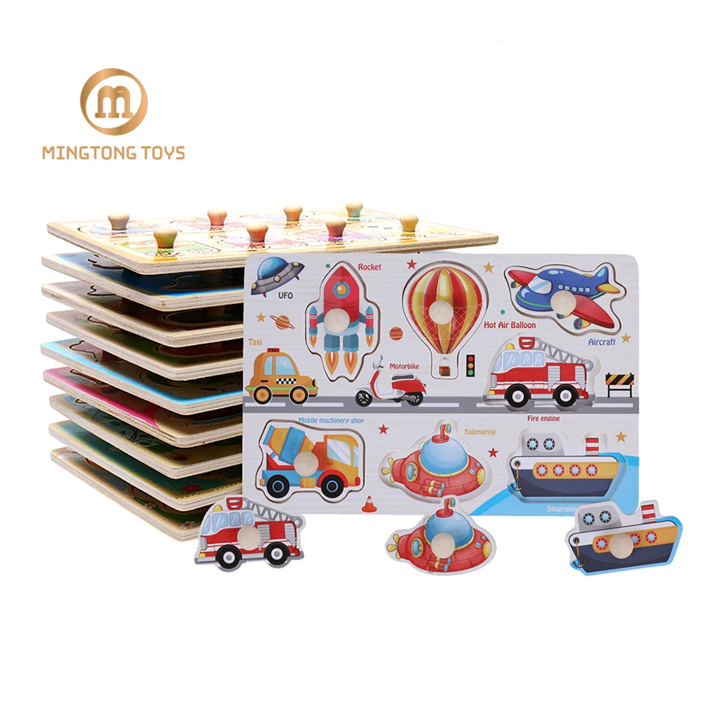 Hot Sale Montessori Educational Children Cartoon Animal Alphabet Fruit Topic Jigsaw Board DIY Hand Grab Wooden Peg Puzzle Toys