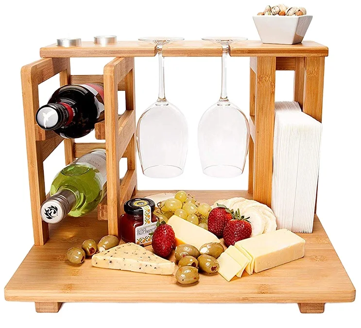 Bamboo Cheese Board Food Plate Serving Cutting Board Set Wood Cheese Tray Cake Dessert Plate with Wine Glass Holders Rack