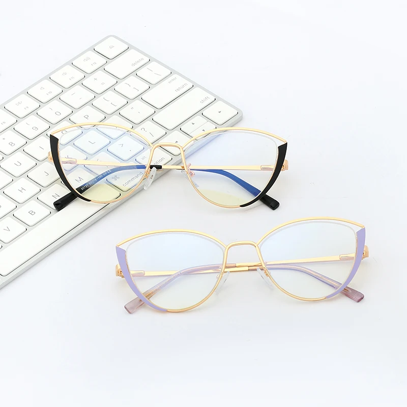 95721 trendy new metal flat lens women cat eye  fashion  anti blue light glasses myopia glasses