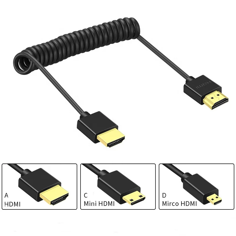SLR Camera Slim HDMI 2.0 4K Spring Cable Retractable Atomos hdmi to Mini Micro Spiral 1.2m 1.5m 2m 3m