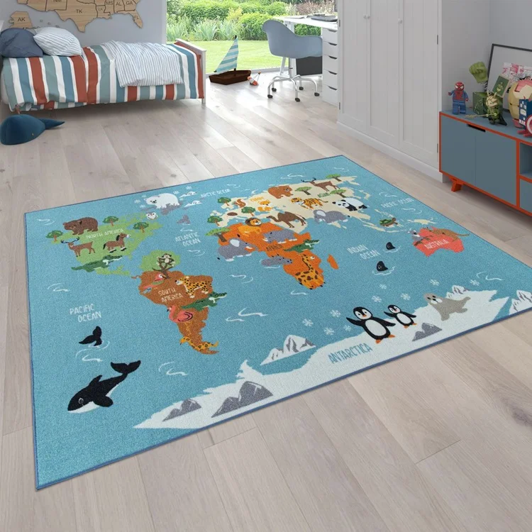 Colorful animals world map design kids children learning educational carpet mat