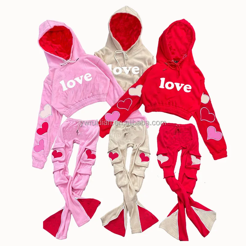 RTS 2023 Осенняя детская одежда на заказ расклешенные спортивные штаны из флиса оптовая продажа укороченный топ с капюшоном с принтом любви