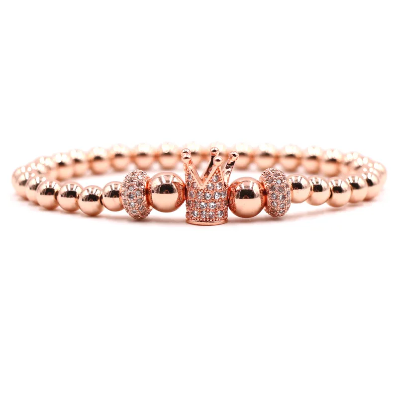 Fashion Black Silver Gold Colors Elastic String Copper Bead Micro Pave CZ Crown Charm Double Tire Bracelets For Male and Female