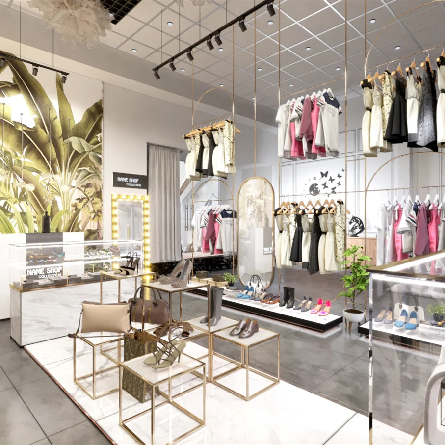 Custom High-end Stainless Steel Garment Store Display Interior Design Hot Retail Clothing Boutique Shop Furniture Decor