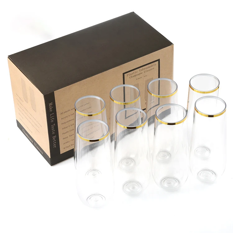 9oz Crystal Plastic Stemless Champagne Flutes Gold Rim Wedding Champagne Glasses, Shatterproof Disposable cup