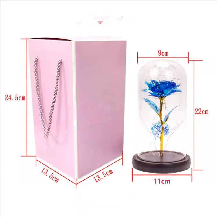 Valentines Day Gift Eternal Flower Custom 24K Gold Decoration Flower Artificial Rose In Glass Dome With Led Lights