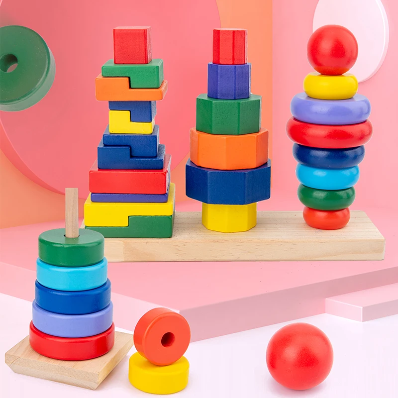 New Design wooden toys montessori educational toys Wholesale cognition color Eco-friendly toy Colored three column tower