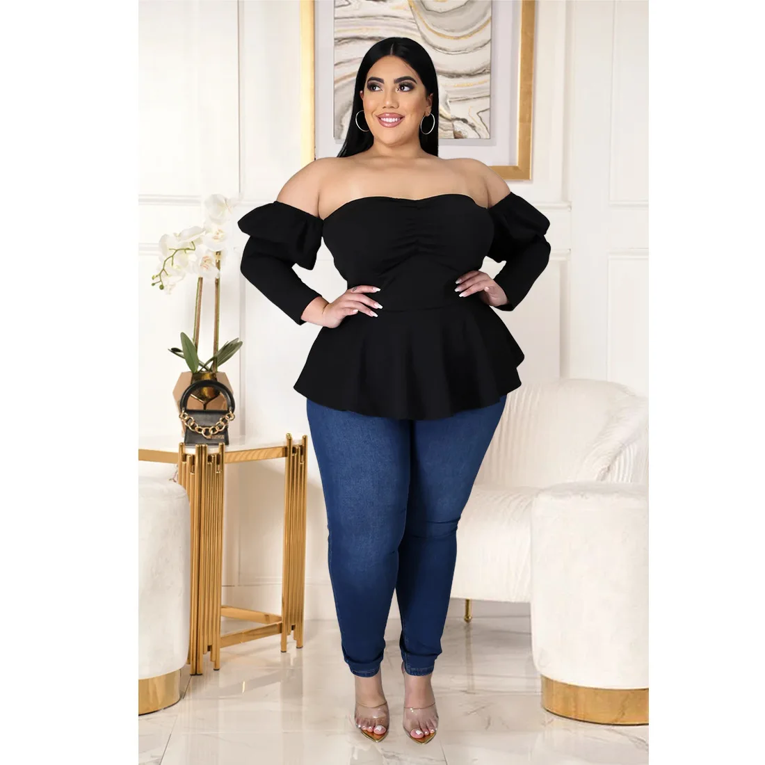 Plus Size Short Dress Off Shoulder Top Strapless Puff Sleeve Ruffle One Shoulder Women Fashion Long Sleeve Corset Club Dress