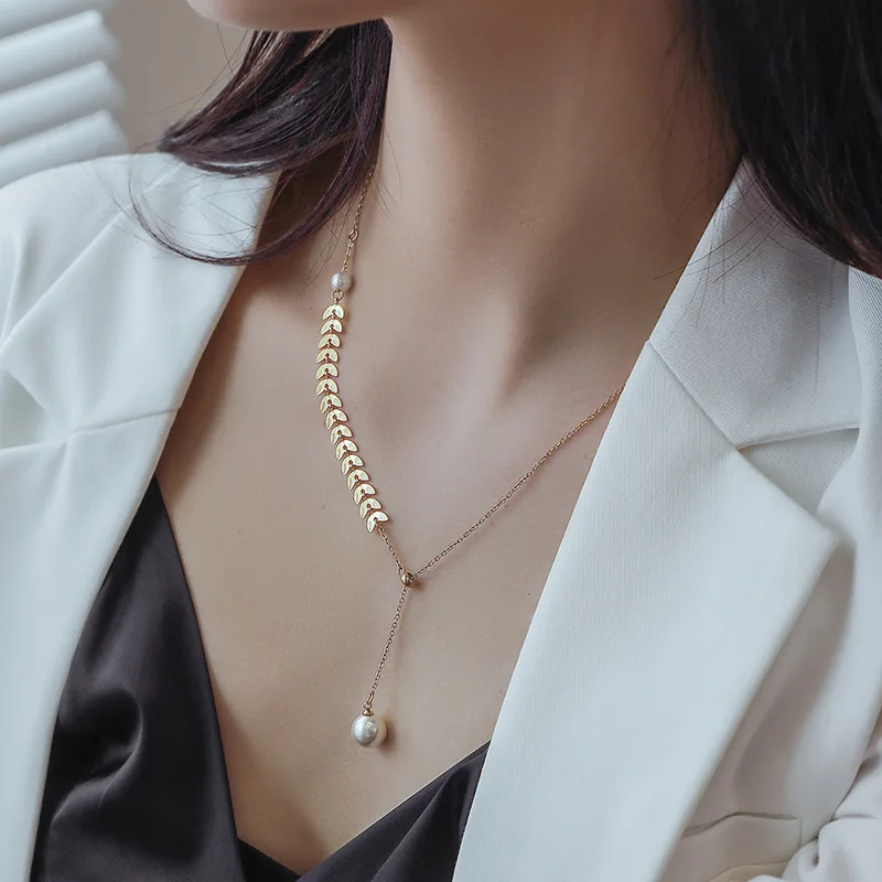 Chic Stainless Steel 18K Gold Plated Pearl Tassel Necklace Women