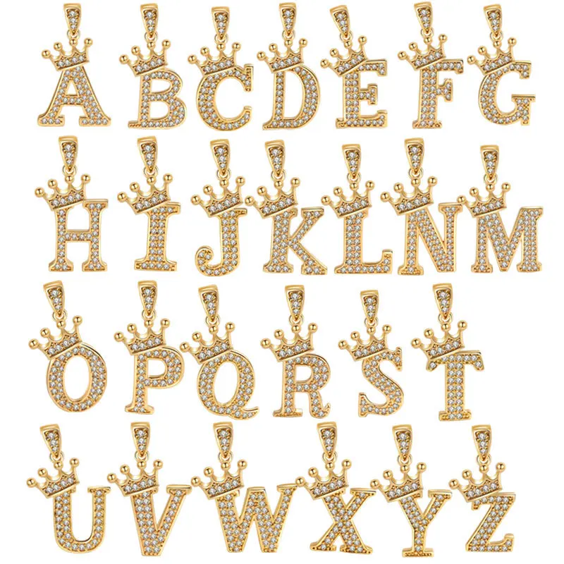 Wholesale Gold Plated Initial Pendant Micro Pave Zircon crown Letter Accessories Alphabet A-Z Charms for necklace