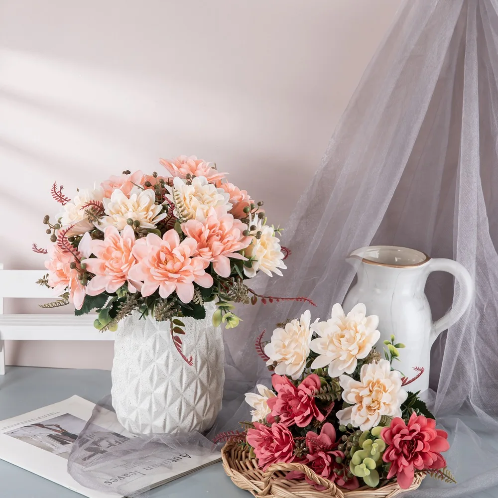 Wedding Decoration 4 heads Artificial Dahlia Bouquet High Quality Peach Red Artificial Dahlia Silk Flower