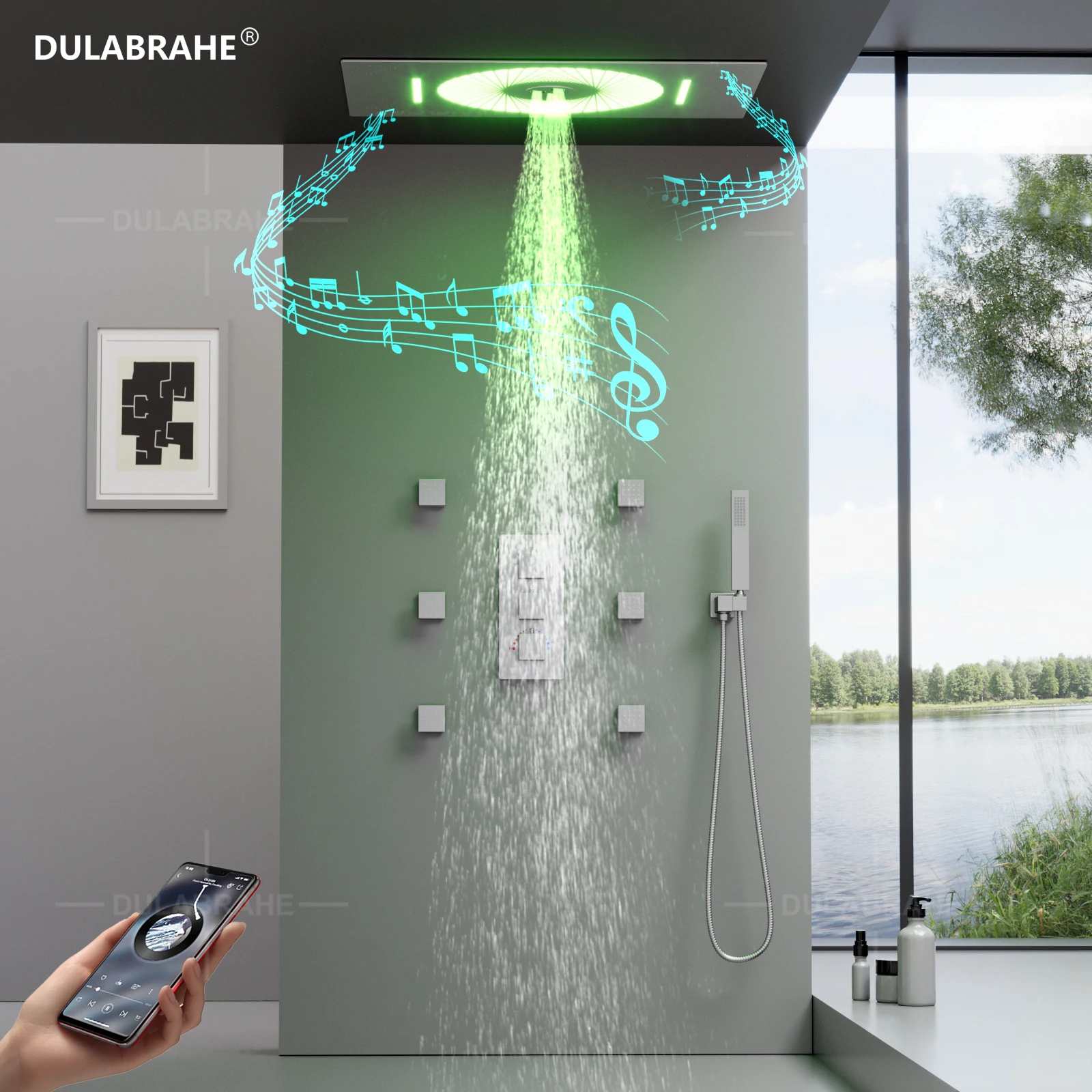 DULABRAHE 2024 NEW 4 Functions Luxury Bathroom Shower Faucet Brushed Nickel Wall Mounted Thermostatic Shower Set with Music
