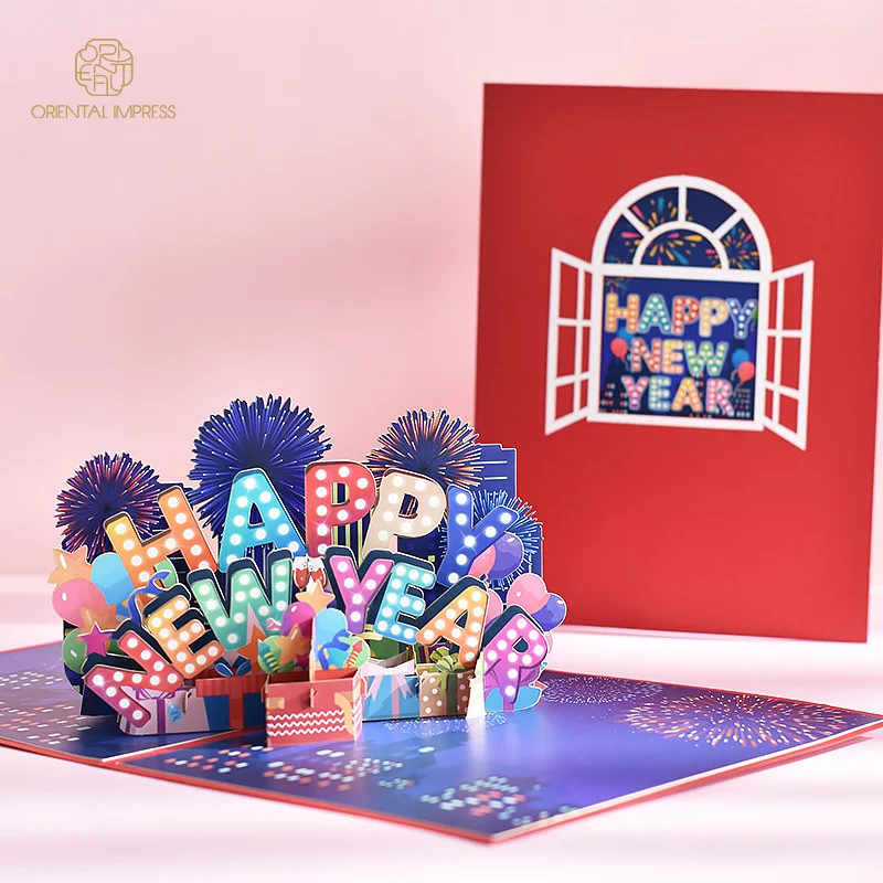 High Quality 3D Happy New Year Pop Up Season Greeting Card with Envelope