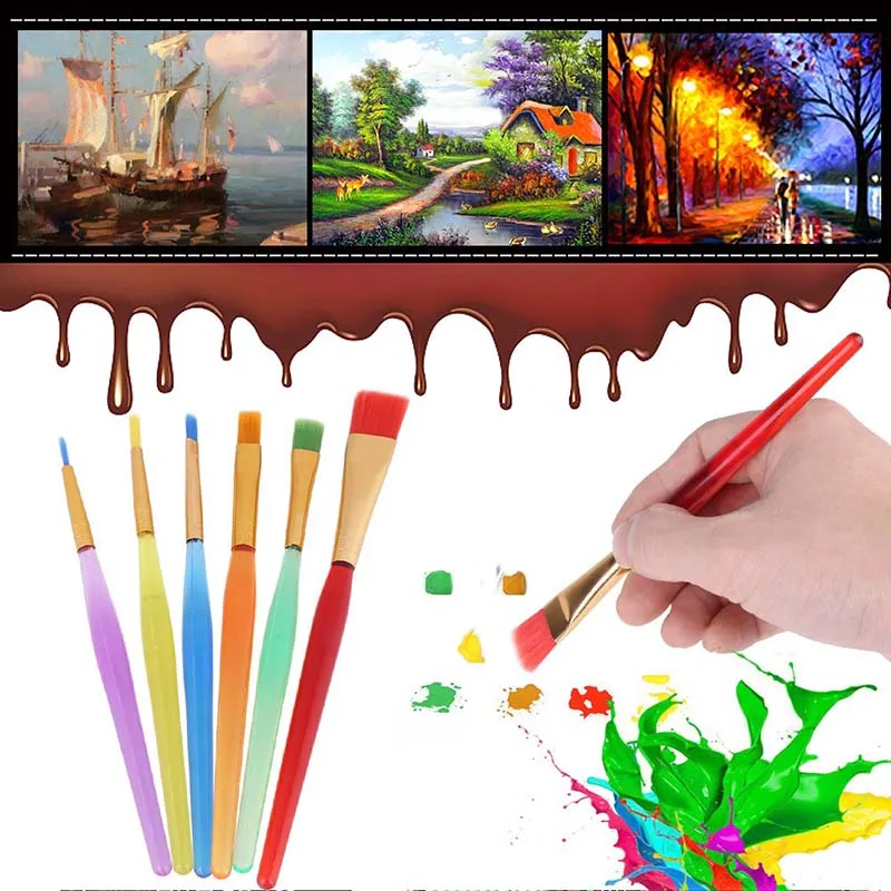 LISI 6pcs Colored Plastic Handle Nylon Hair Round Flat Preschool Paint Brushes for Toddler Washable Paint Acrylic Oil Watercolor
