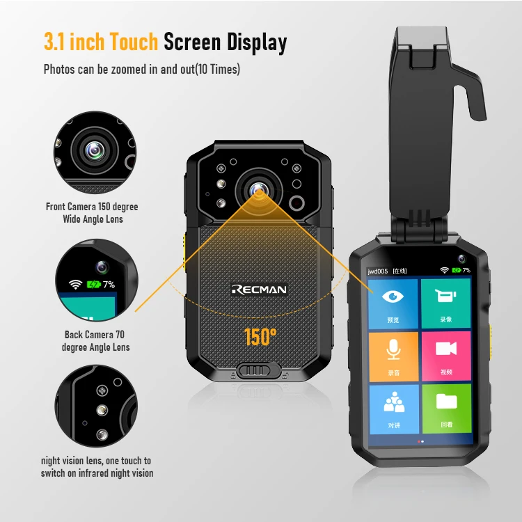 High Quality 4G 3.1 inch IPS Touch Screen Police Body Camera with BT/WIFI/GPS Full HD 4K Video Recorder Camera