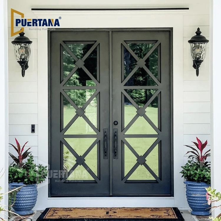 Rockport Artemis Double Front Entry Wrought Iron Door With Tempered Glass Matt Black Finish
