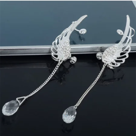 2019 New Silver Plated Angel Wing Stylist Crystal Earrings Drop Dangle Ear Stud For Women Long Cuff Earring Bohemia