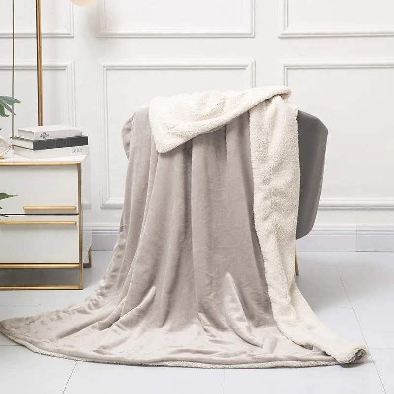 Luxury Fur Flannel Lamb Wool Laminated Double Blanket Long Pile Pv Fleece Blanket Plush Blanket for Winter Woven 100% Polyester
