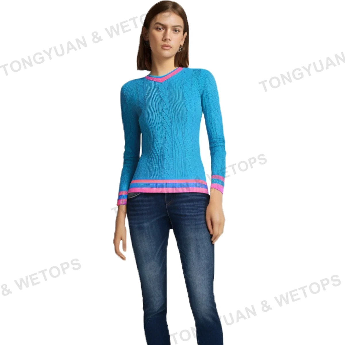 BSCI Clothing Factories In China Spring Casual V-Neck Knitted Sweater Pink Blue Cable Stripe Embroidery Sweater