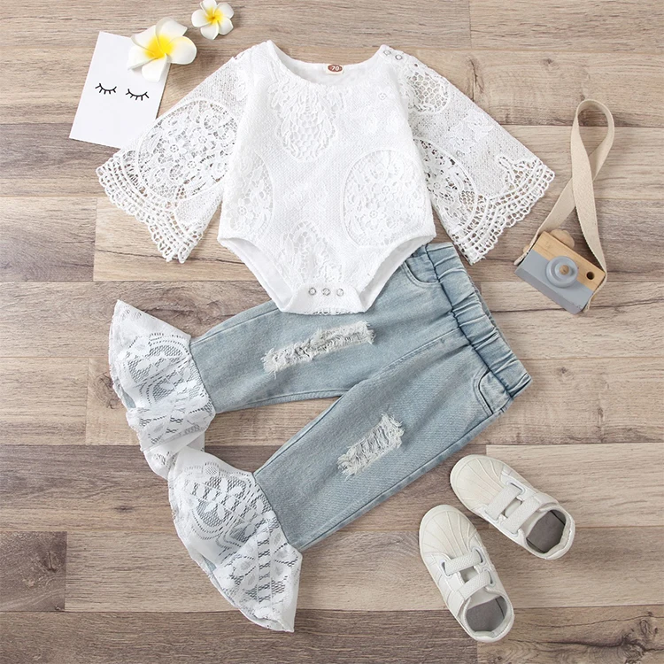 Fast Delivery Spring And Summer 2 Years Baby Girl Clothes White Butterfly Sleeve Top+Lace Denim Shorts 2Pcs Girl Clothing Set