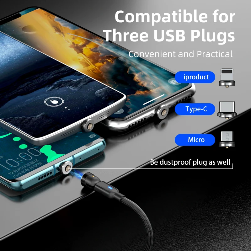 
2021 Newest Mobile Phones 540 Degree Rotate 3 in 1 Magnetic Phone Charger Charging Cable with type c, micro, i-product plug 