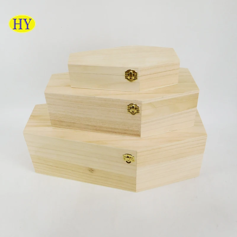 custom cheap natural unfinished solid wood coffin box with hinged lid for pets wholesale
