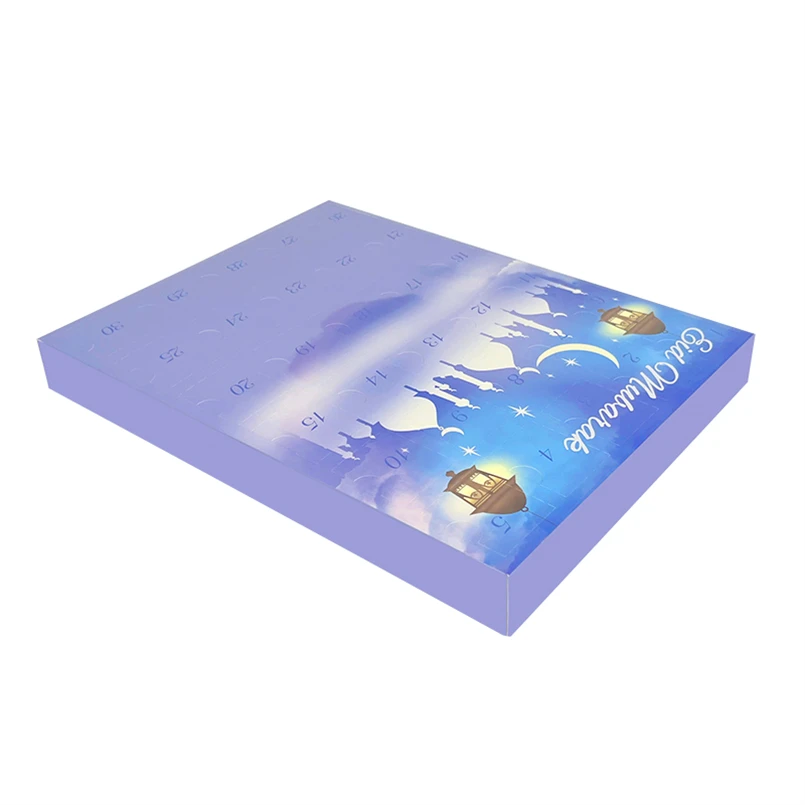 Ramadan Advent Calendar Blue Chocolate Candy Gift Paper Packaging Box Open Door Paper 30 Day Advent Calendar