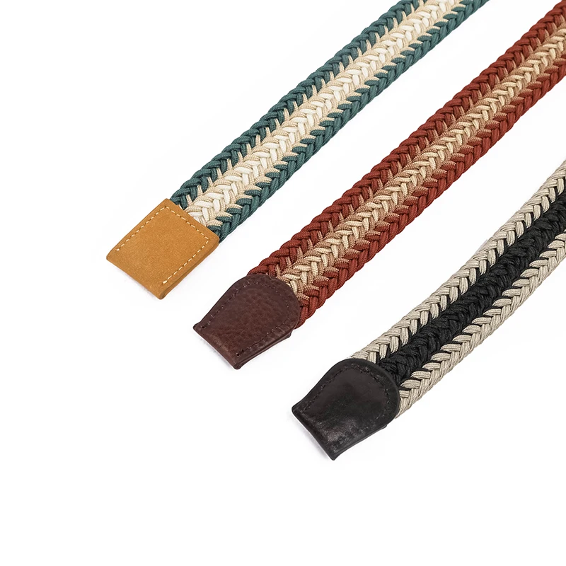 Support custom leather blue white red woven cotton polish leather belt coat needle buckle elastic slim fit belt mens