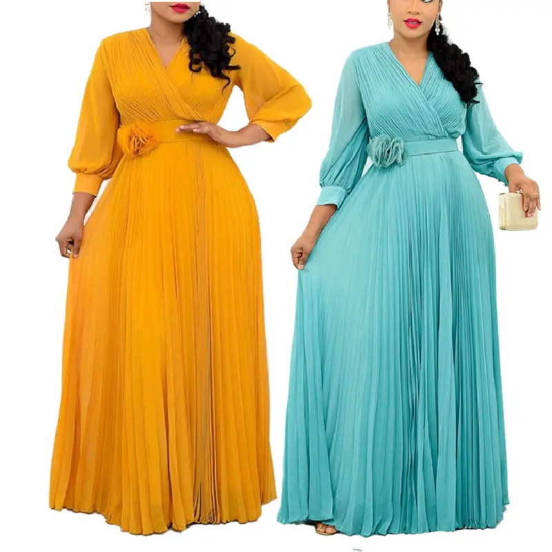 New Design plus size women clothing High waist Loose Long  women casual Dress Women Plus Size Dress With Belt